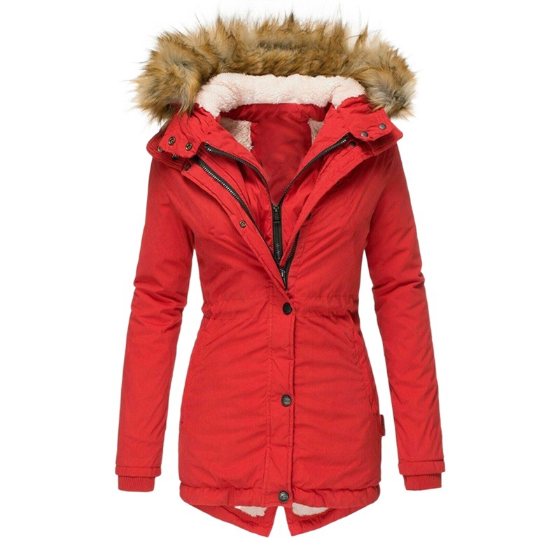 Spot Amazon New Winter Warm Fur Collar Women's Zipper Long-Sleeved Slim Cotton Outwear Hooded Outwear W142