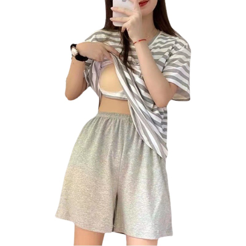 Wholesale Pajamas with Chest Pad Women Summer Short Sleeve Striped Loose Student Outfit Home Suit