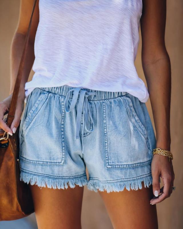Picture of European and American Foreign Trade Cross-Border Supply Elastic Waist Casual High Waist Slim Tassel Denim Shorts for Women