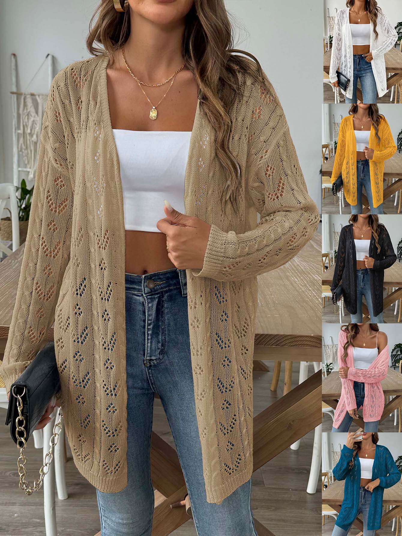 WoMen's Cardigan 2024 Spring & Fall Cross-border European and AMerican Cut Out Knitwear Buttonless Air-conditioning Shirt Casual Jacket M691