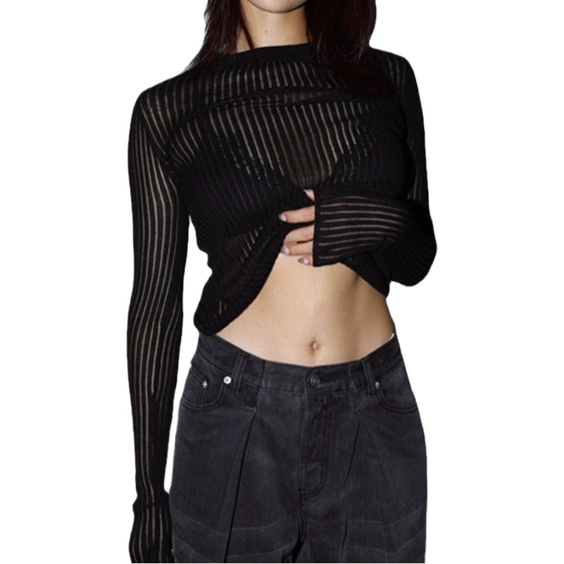 2022 European and American Spring and Summer New Hot-Selling Long-Sleeved Round Neck Breathable Knitted Fine Wool Top 20220044