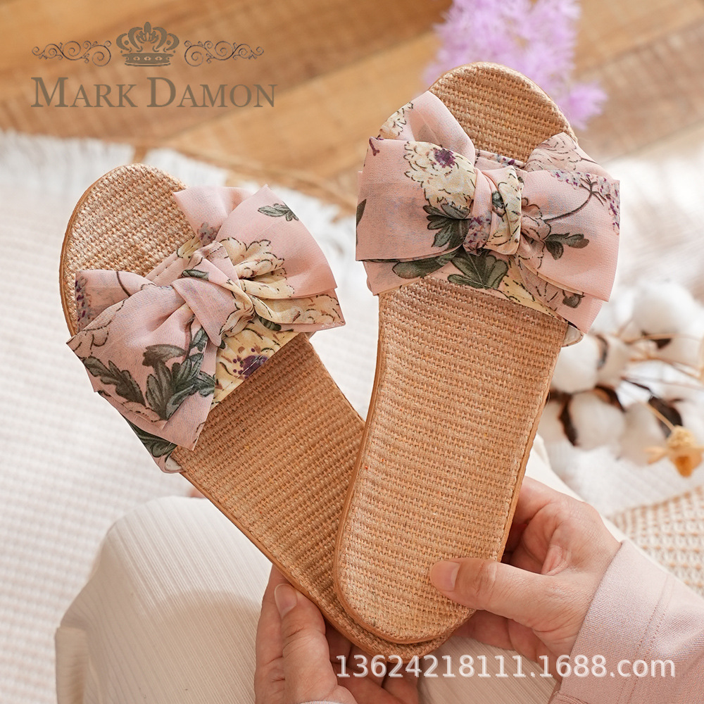 Slippers for Women Summer Indoor and Outdoor Home Linen Slippers Non-Slip Office Home Home Bow Slippers