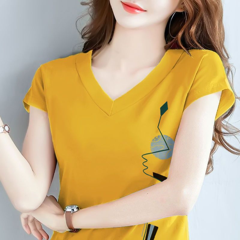 100% short-sleeved T-shirt for women 2024 New loose plus size women's clothing for middle-aged mothers summer cotton V-neck top