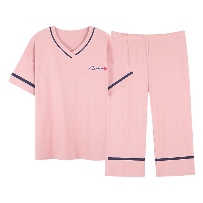 Pajamas for Women Summer Pure Cotton Short-Sleeved Cropped Pants Sweet and Cute Girl Student Suit Loose Can Be Worn Outside Home Clothes