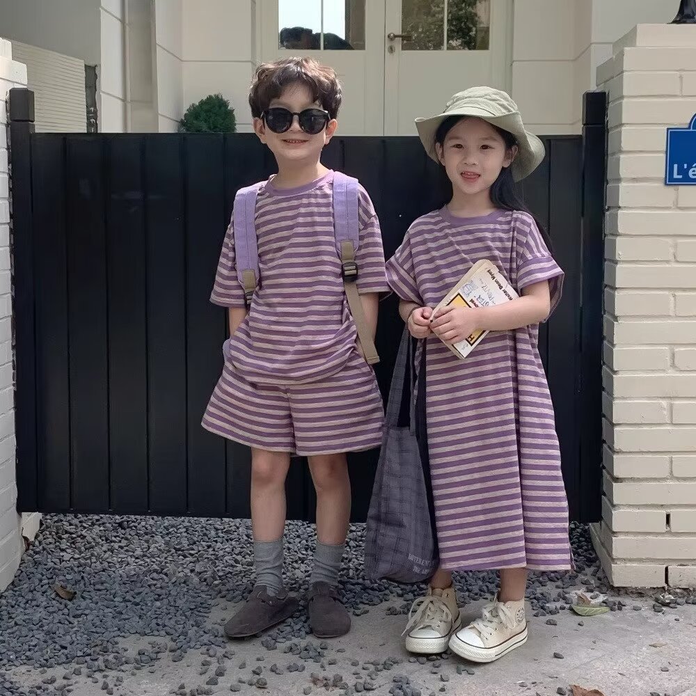 2024 children's suit boys and girls summer striped short sleeve shorts girls T-shirt skirt baby brother and sister a generation of hair