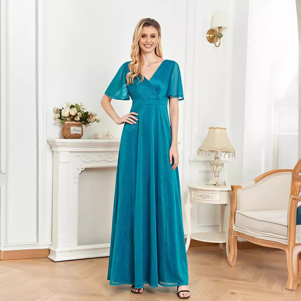New cross-border European and American tulle short-sleeved V-neck evening dress waist slimming banquet bridesmaid dress toast dress for women