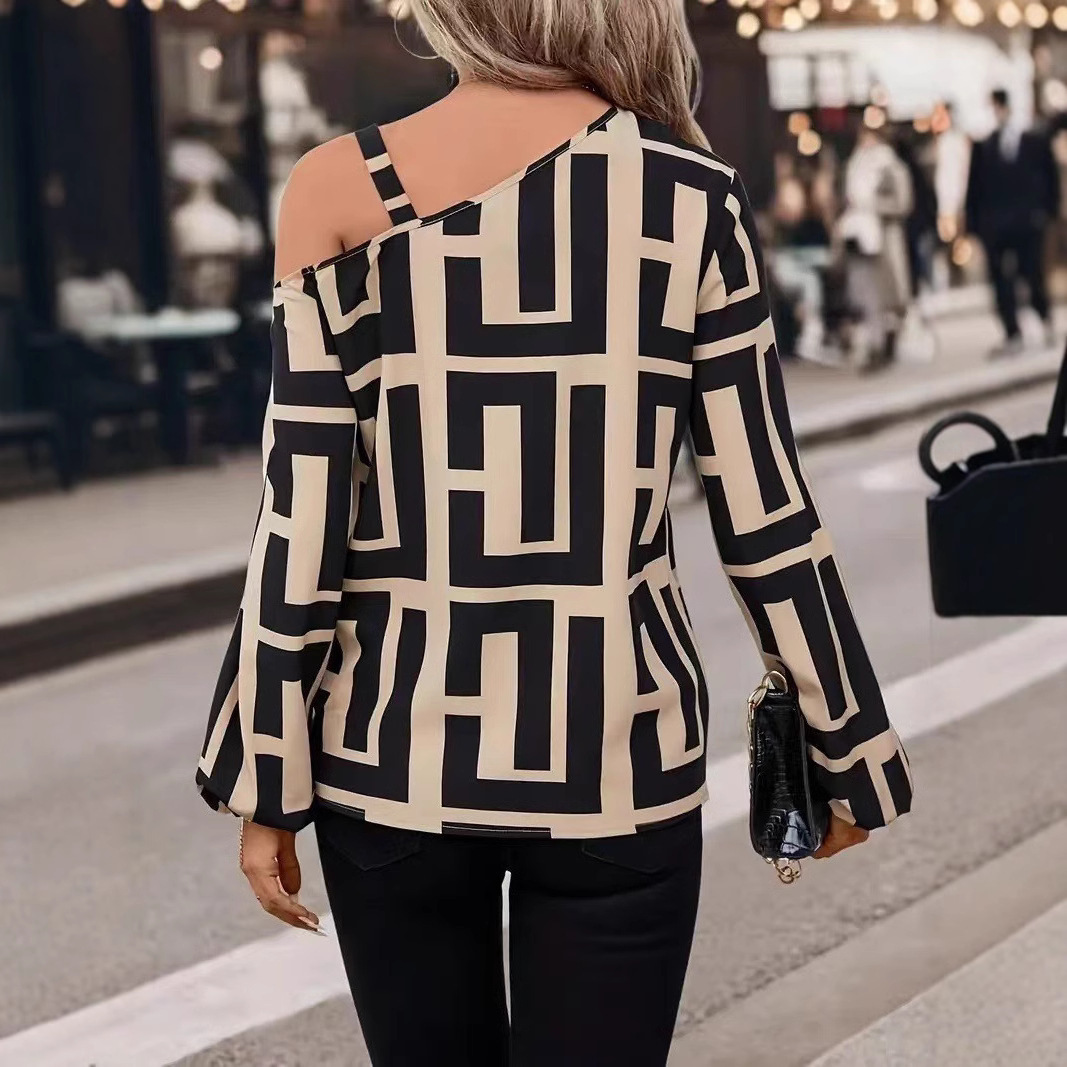 Picture of Cross-border Foreign Trade European and American Women's Clothing Amazon Spring and Autumn Fashion Geometric Printing All-match Long Sleeve One-word Collar Pullover Top