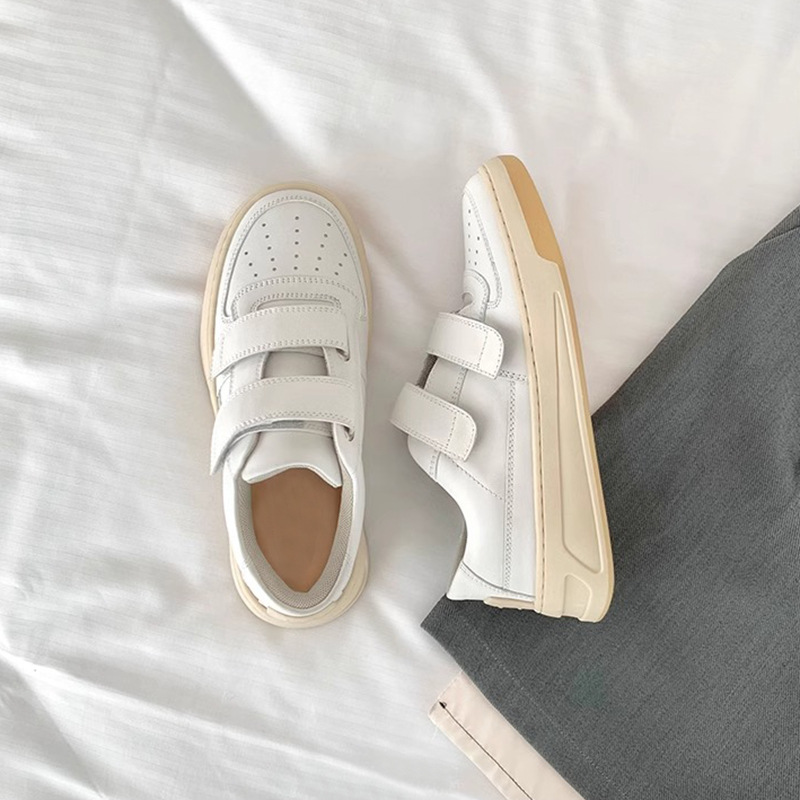 Velcro Thick-soled Sports Casual White Shoes Women's 2024 Spring and Autumn New Genuine Leather Round Head Increased Slim Shoes