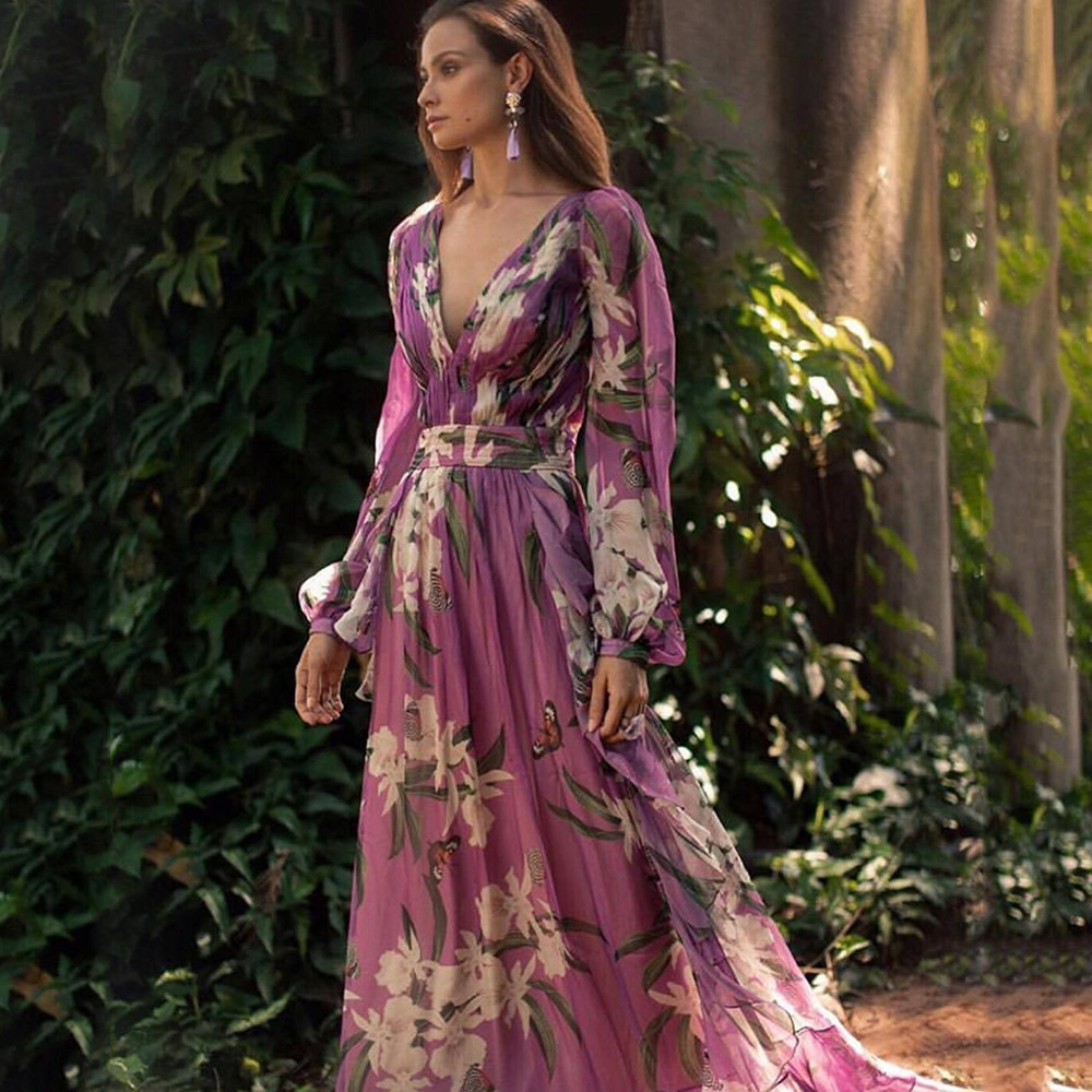 Cross-Border Summer New Foreign Trade Printed Women's Dress Amazon V Neck Long-Sleeved Large Swing Skirt Long Skirt for Women