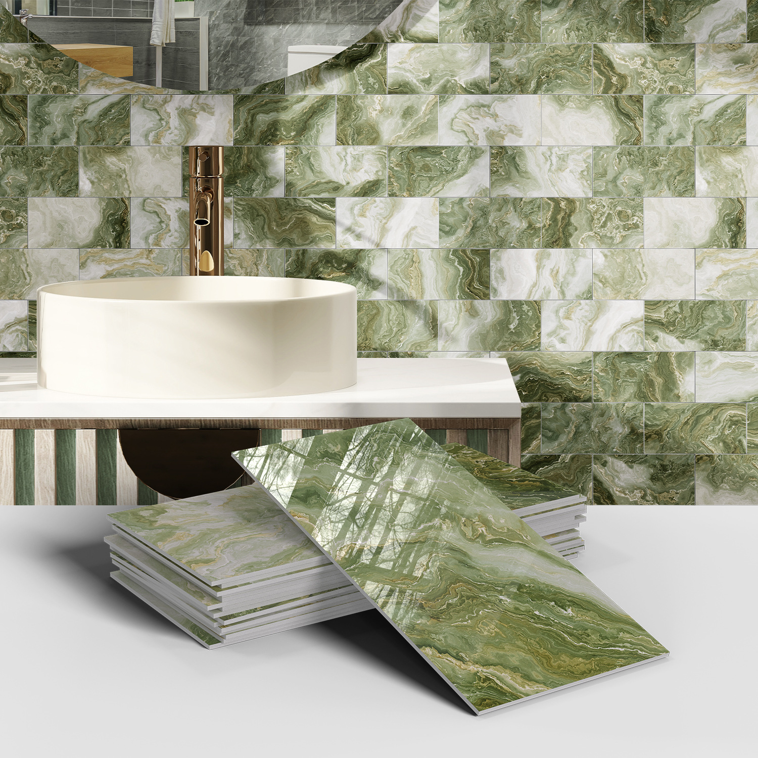 Picture of Crystal Marble Tile Wall Stickers Thickened PET Waterproof Self-adhesive Wallpaper for Kitchen Living Room Wall Decoration Cross Border