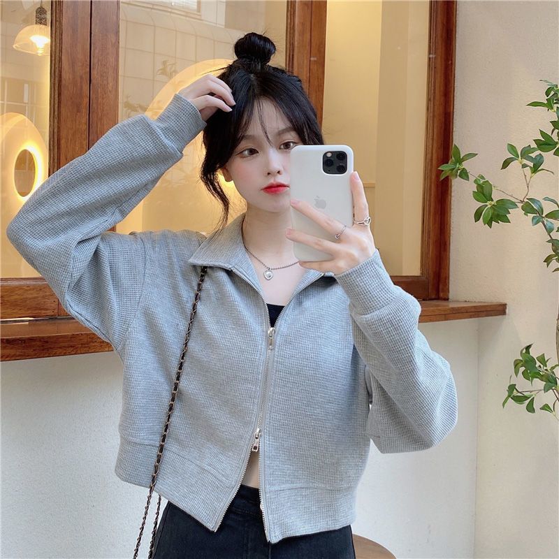 Waffle Sweatshirt for Women Spring & Fall Women's Polo Collar Short Slim Top Double Zipper Long-Sleeved Jacket with Drape