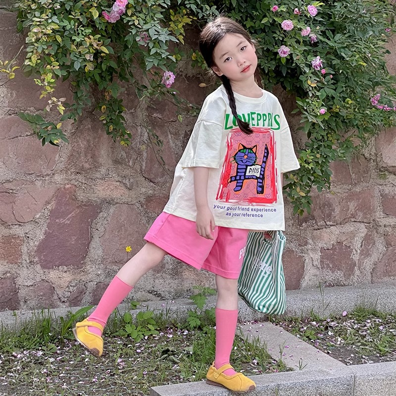 Girls Short-Sleeved Shorts Suit Summer 2025 New Kidsren's Korean Style Casual Summer Wear Girls Fashionable Summer Clothes
