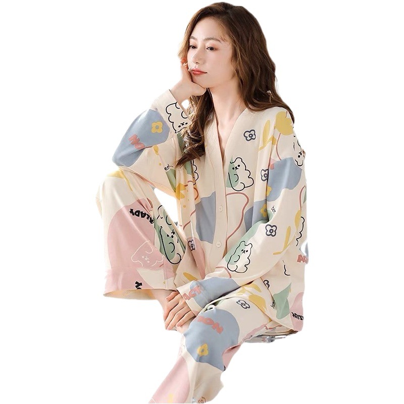 2023 new pajamas women's spring and autumn cardigan V-neck casual loose sweet cute home wear suit can be worn outside winter