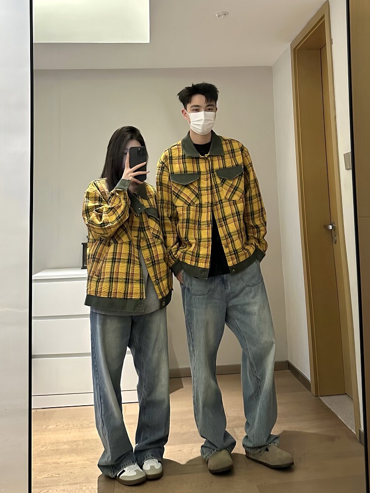 Retro American stitching Plaid contrast color lapel jacket for men and women Street niche loose couple high-grade jacket