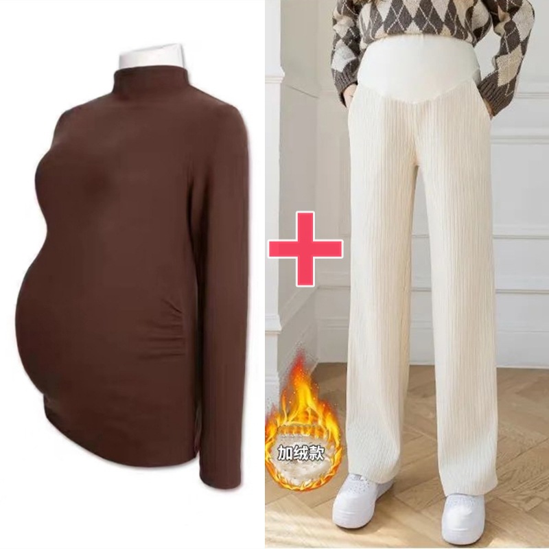 Picture of Pregnant women's clothing fashion spring autumn winter two-piece pregnant women adjustable abdominal pants solid color velvet warm bottoming shirt suit