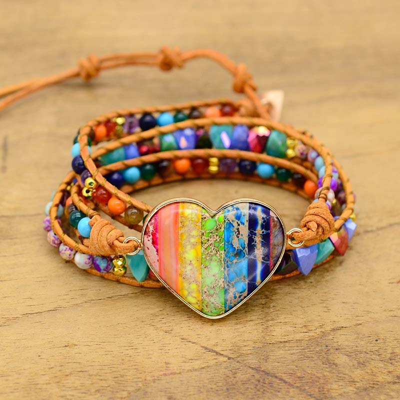 Cross-border e-commerce new love colorful pendant bracelet colorful beaded natural stone hand-woven leather rope bracelet