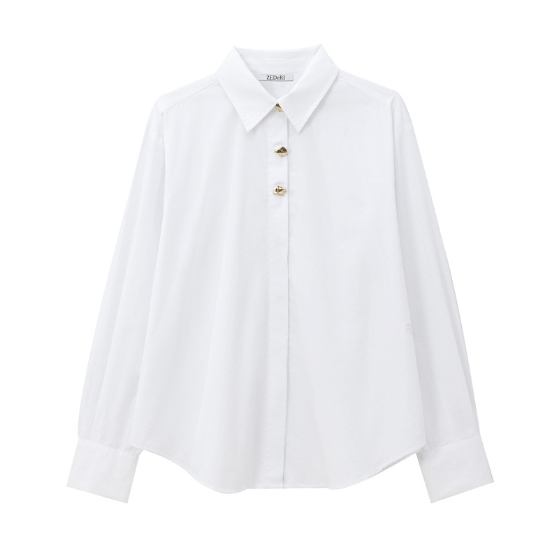 White Women's Casual Gold Buckle Poplin Shirt European and American Simple Style 2025 Spring New Shirt