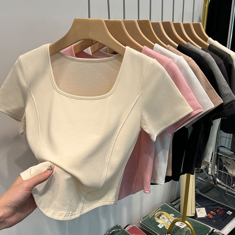 Picture of Square Collar Shoulder White Short-sleeved T-shirt Women's Summer Curved Hem Large Neck Slim-fit Slimming Short Fishbone Top