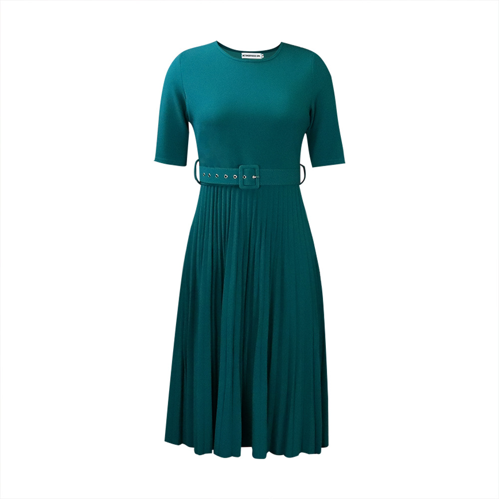 Picture of Q114 European and American women's 2025 summer new fashion round neck short sleeve solid color pleated elegant plus size African dress