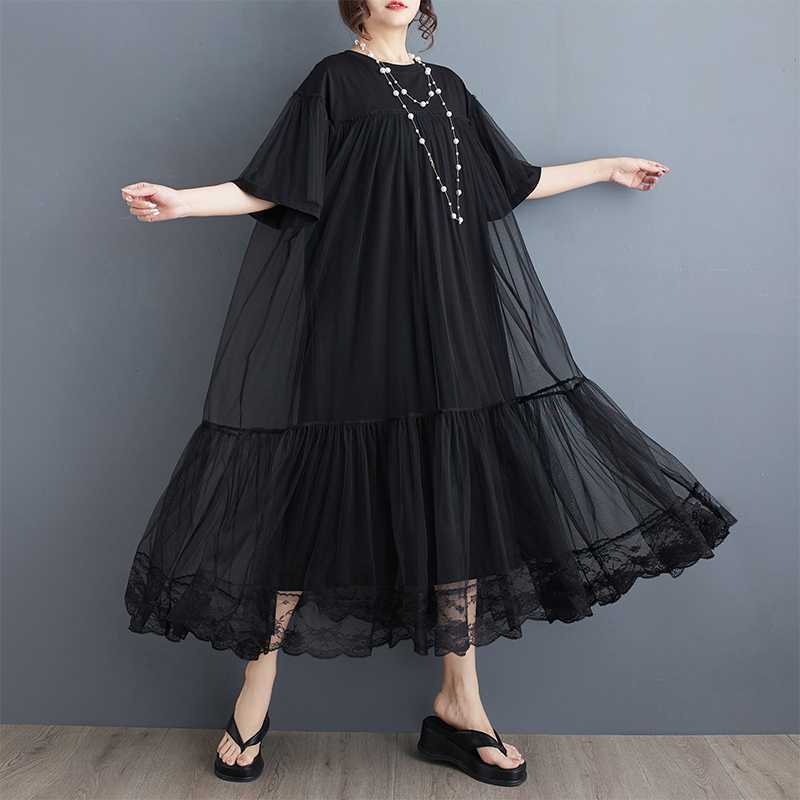 Picture of 2024 Summer New Korean Style plus size Loose Mesh Stitching Mid-length Fashionable Slim dress
