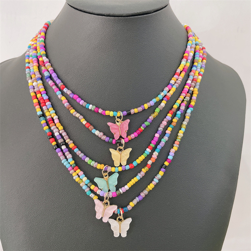 Color Rice Beads Handmade Necklace European and American Cross-border New Jewelry Ethnic Style Simple Beautiful Butterfly Pendant Necklace
