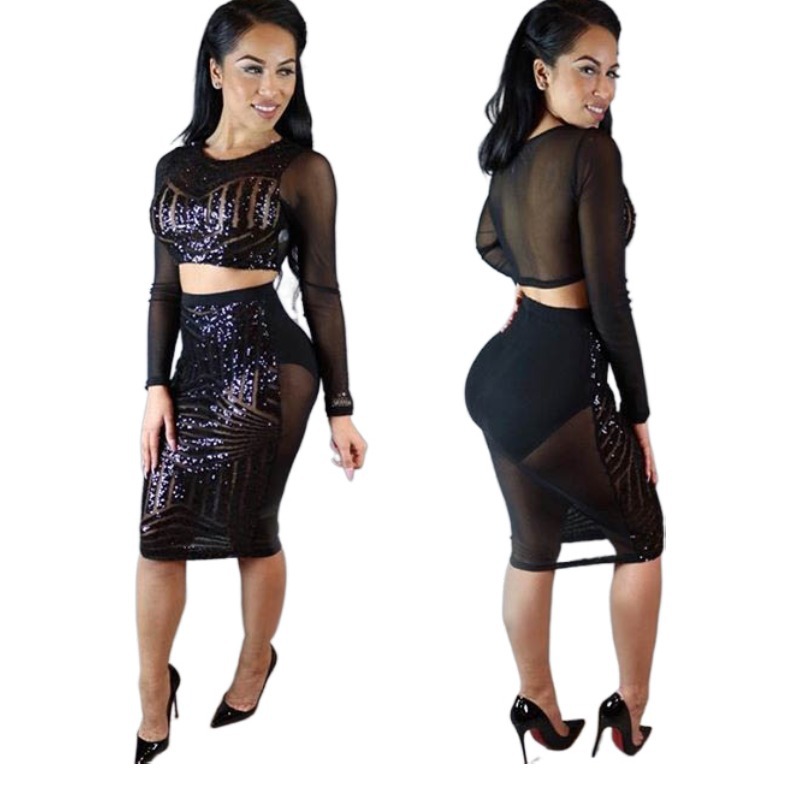 N256 Foreign Trade Women's Black Sequin Mesh Contrast Hollow Perspective Two-piece Set