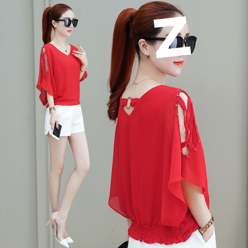 Short-sleeved chiffon shirt women's 2025 new fashion belly covering foreign style shirt double V-neck bat shirt off-the-shoulder shirt girl