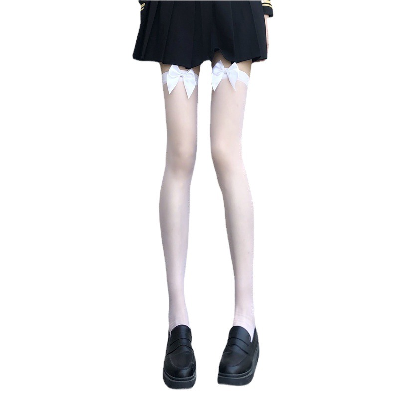 Long Bow Black Silk Over-the-Knee Socks Women's Bow White Silk Stockings