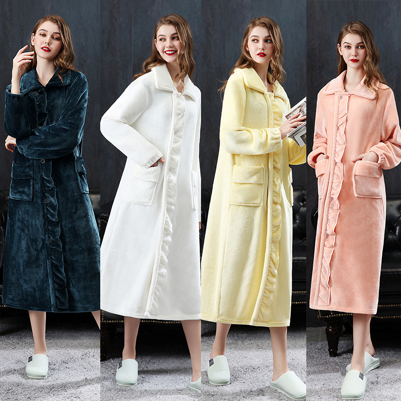 Picture of Women's nightgown fleece-lined thickened long-sleeved sweet small lapel nightdress autumn and winter flannel pajamas home wear