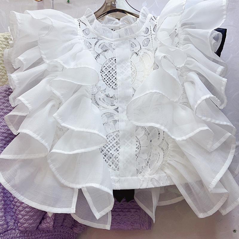 Picture of Summer New High-end French Ruffled Stitching Crochet Hollow Lace Shirt Women's Chic Top Trendy