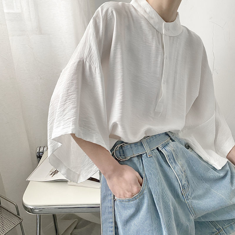 Summer Thin Japanese Style Short-sleeved Shirt with Vertical Collar Women's Design Sense Niche Loose T-shirt Bat Sleeve Half-sleeved Top