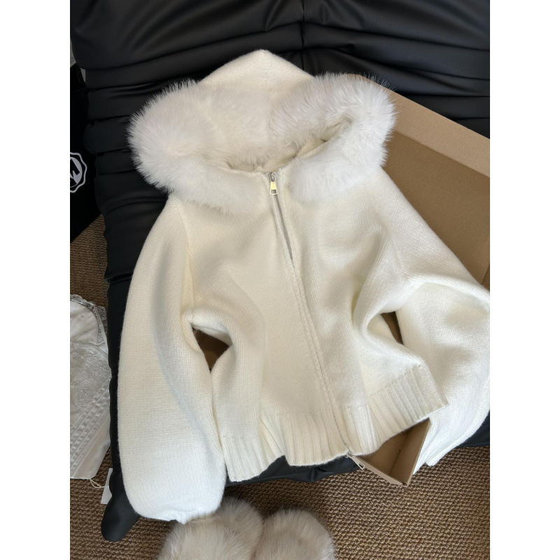 Elegant Autumn and Winter New Hooded Sweater Jacket Knitted Loose Cardigan Zipper Top Knitted Sweater