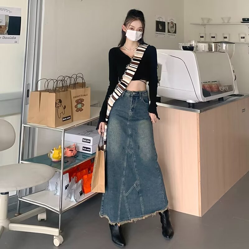 Niche Spice Girl Design Sense Lotus Leaf Hip Fishtail Skirt Women's 2024 Summer New High Waist Split Denim Skirt