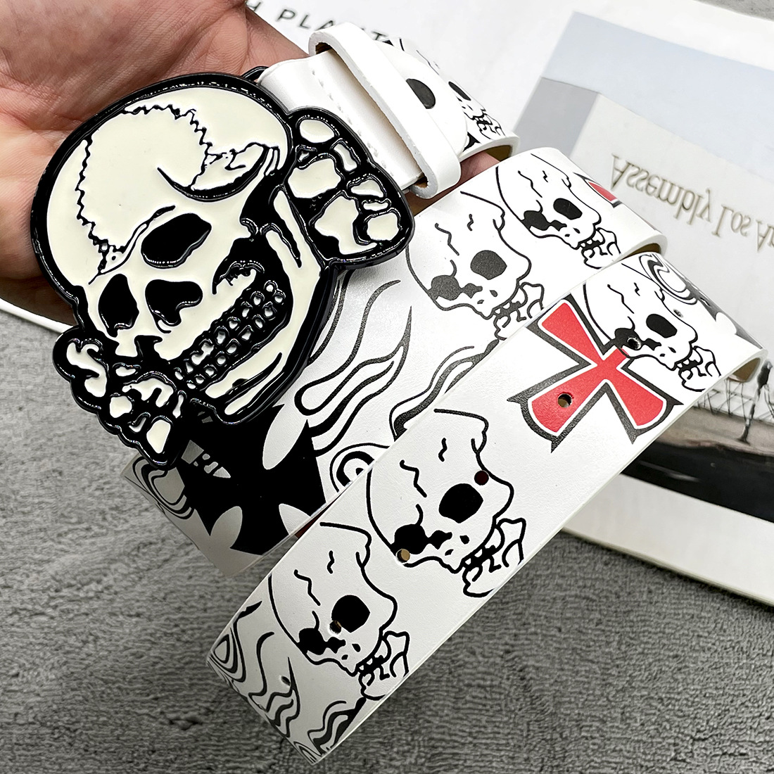 Cross Little Devil Buckle Skull Embossed Subculture Metal Belt Y2K Design Decorative Belt Hip-Hop