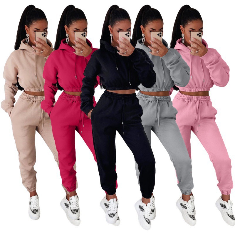 Amazon European and American Women's Autumn and Winter fleece-lined Hooded Hoodie Casual Two-Piece suit