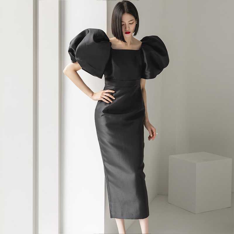 Autumn Fashion Vintage Personalized Simple Square Collar Exaggerated Bubble Sleeve Slim-fit Slimming Mid-length Banquet Dress
