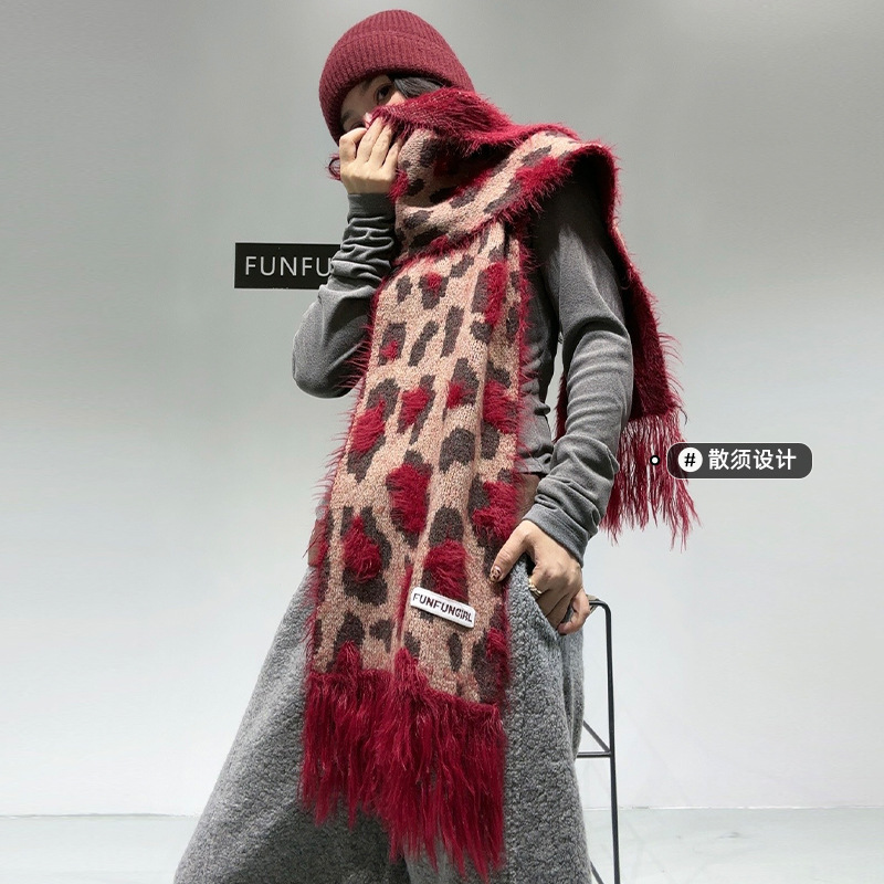 Leopard Wool Scarf Women's Autumn and Winter High-end Cashmere Shawl South Korea Spice Girl Style Tassel Thickened Warm Neck