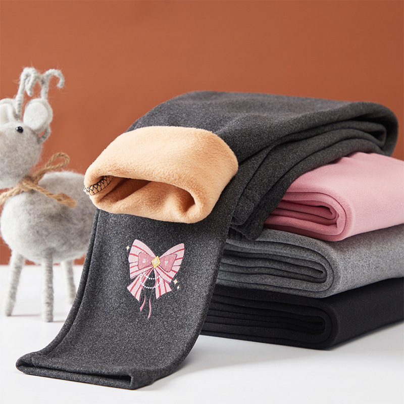 24 autumn and winter children's fleece-lined thickened warm pants girls' bowknot printed leggings baby letter casual trousers