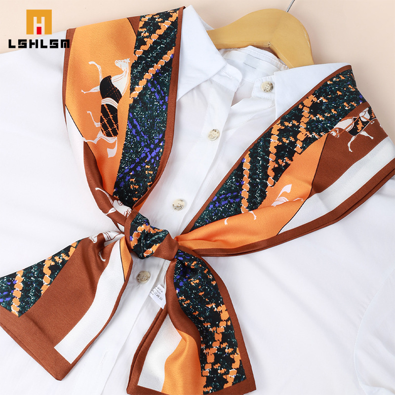 New Spring Decoration Versatile Trendy Women's Summer Korean Printed Short Silk Scarf Silks and Satins Scarf Long Scarf Streamer