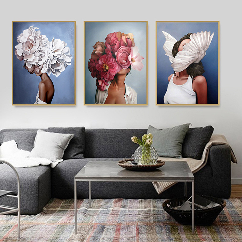Nordic Canvas Abstract Woman Decorative Painting Ins Style Flowers Feathers Bedroom Living Room Hanging Painting Florals
