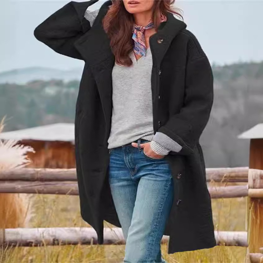 Cross-Border Solid Jacket Hot-Selling Spring & Fall Simple Scandinavian Winter Loose Woolen Coat for Women