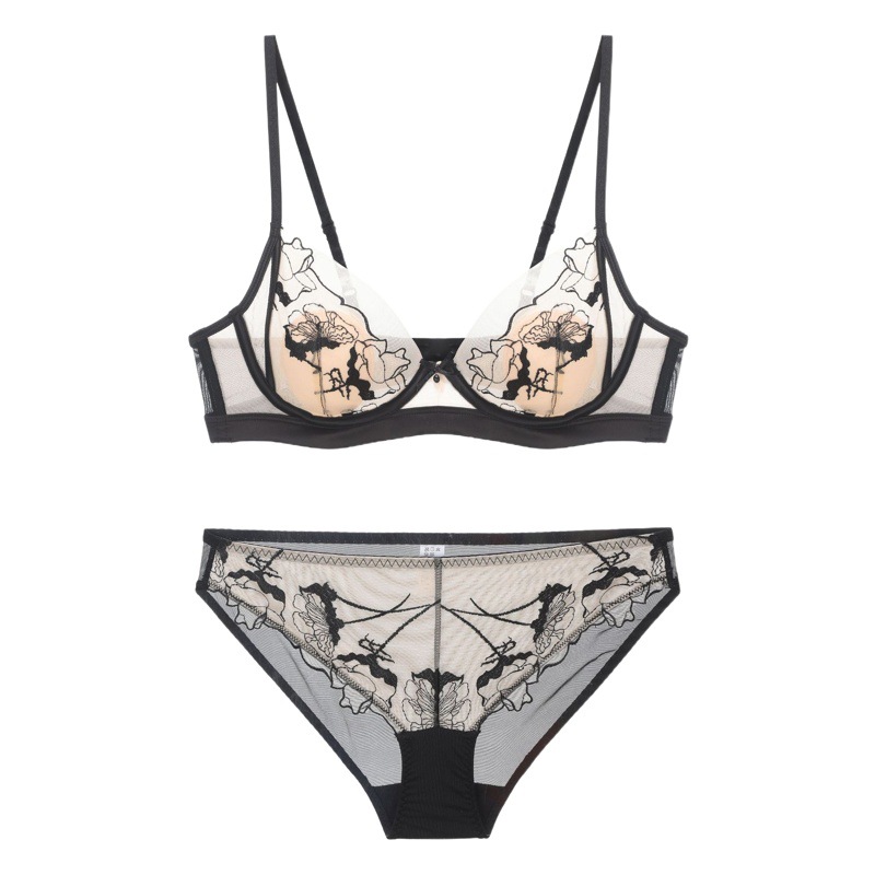 French Style Sexy Underwear Embroidered Lace Rabbit Ear Cup Ultra-thin Large Chest Shown Small Upper Bra Push-up Soft Steel Ring Bra suit