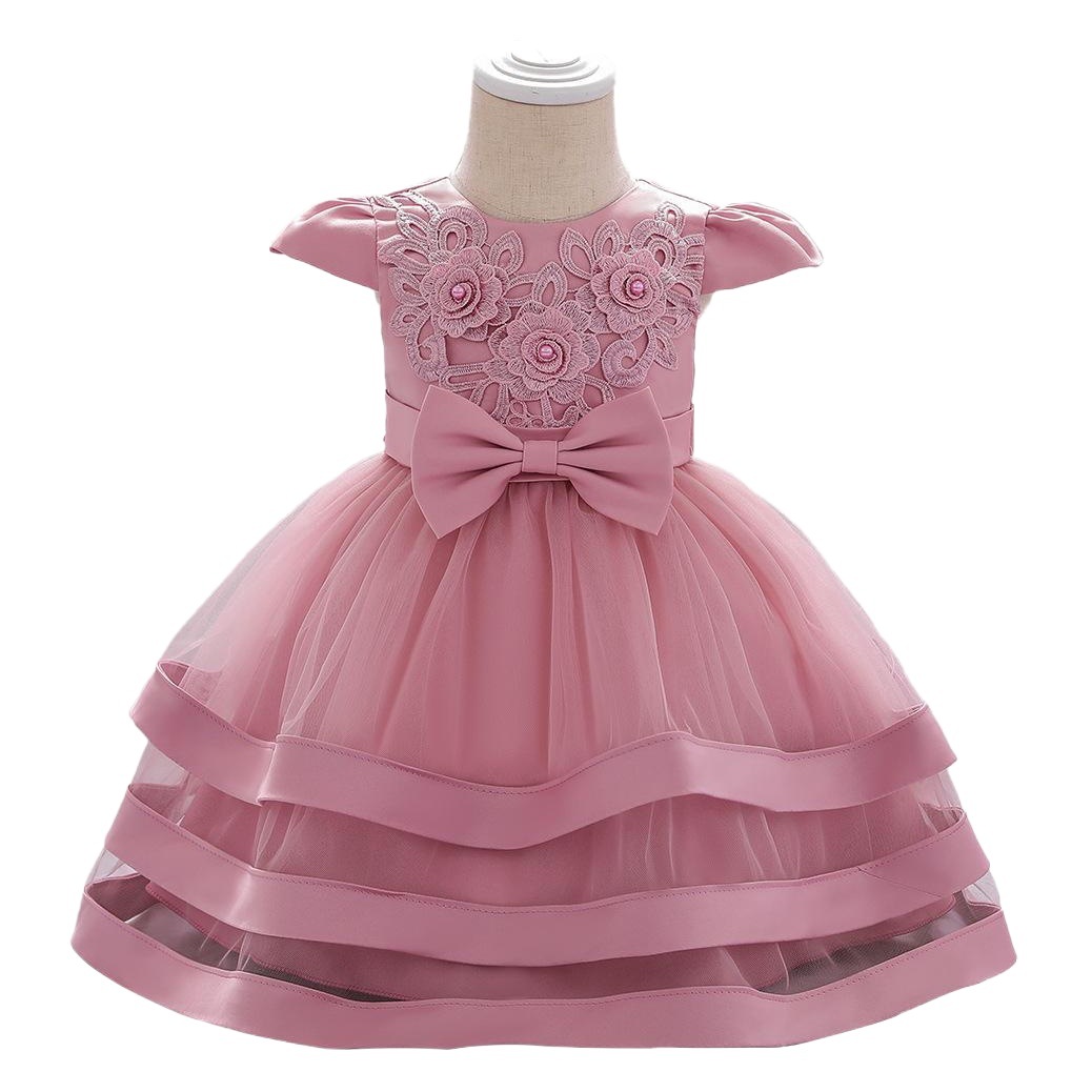 Cross-border baby dress girls' handmade beaded princess dress embroidered bow mesh pettiskirt one-year-old dress