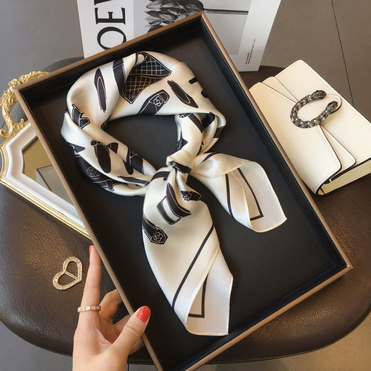 Picture of Spring and Autumn Thin Japanese and Korean Sweet Champagne Color Small Floral Silk Mulberry Silk 70cm Square Scarf Silk Scarf Hair Band Headwear Women