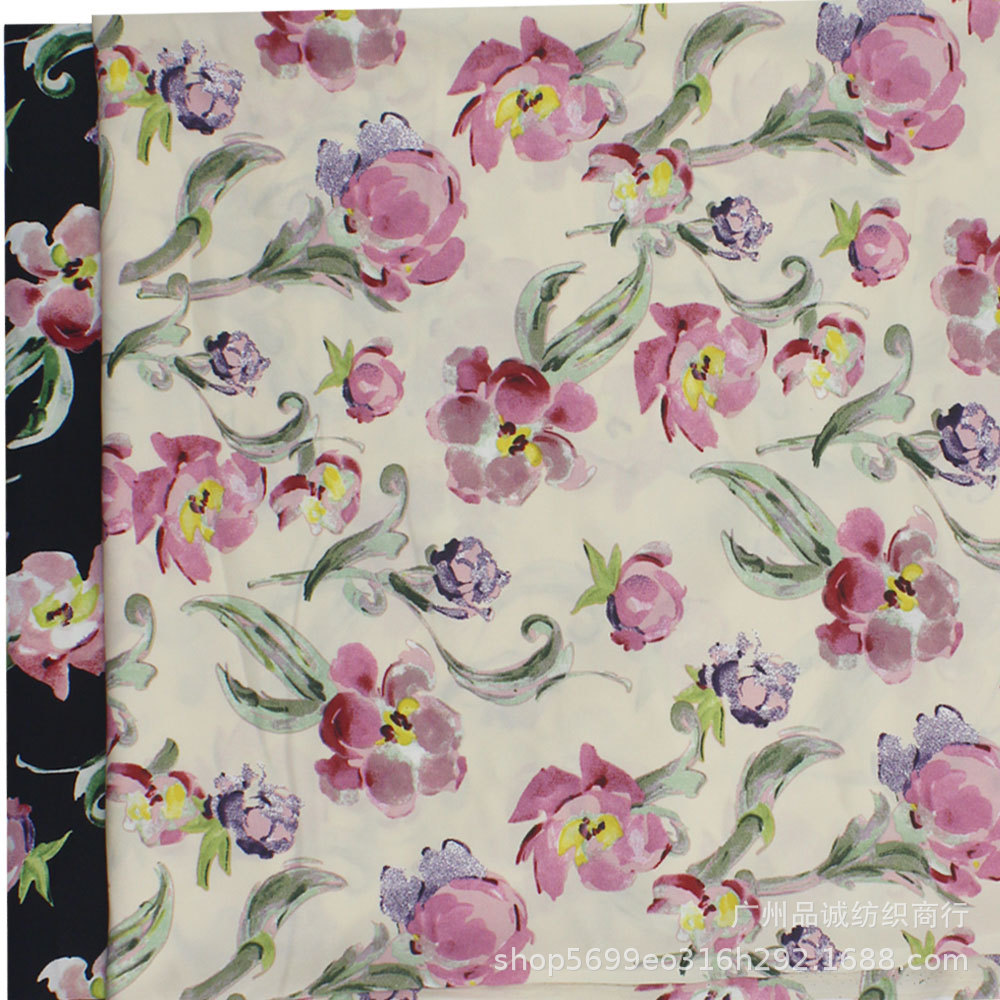 Plain Satin Printed Chiffon Fabric with Hand-Painted Floral Design for Spring and Summer Women's Cheongsam Dresses and Skirts
