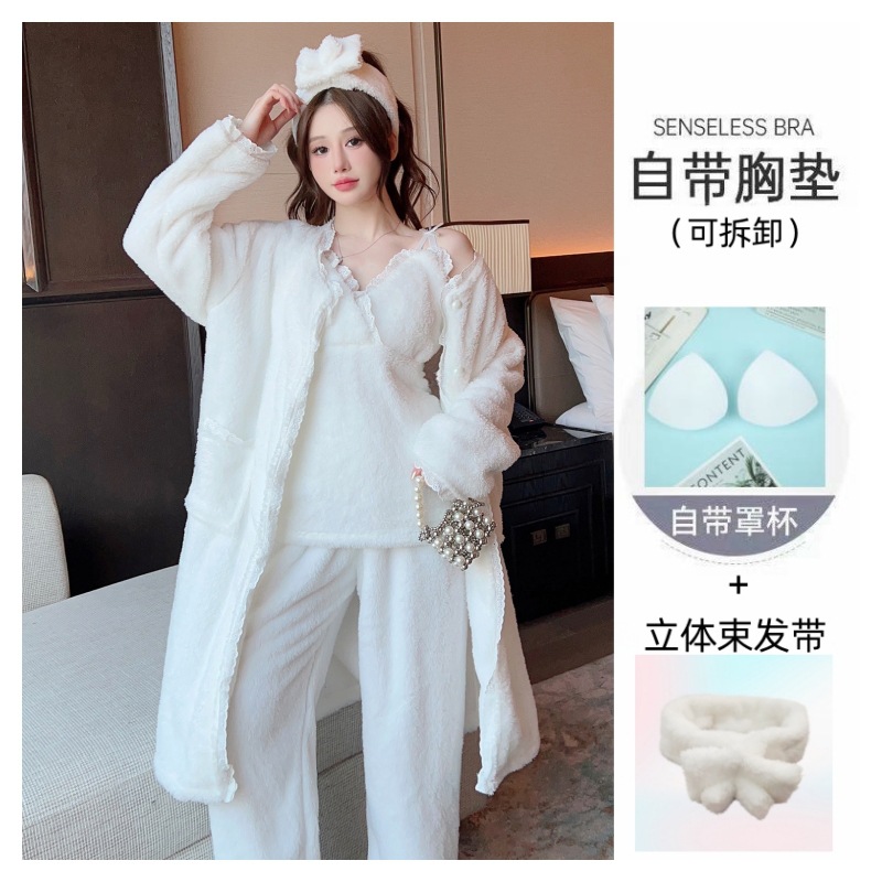 Winter pajamas women's coral fleece suspender trousers outer robe with headband home wear suit warm sexy wind band chest pad
