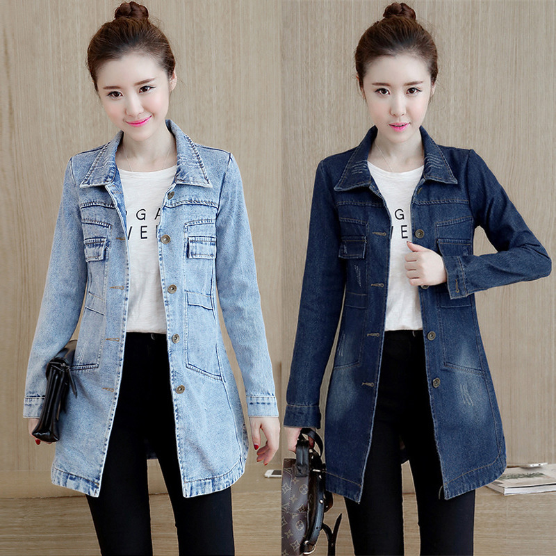 Women's Korean-style Long-sleeved Denim Coat Slim-fit Single-breasted Mid-length Coat