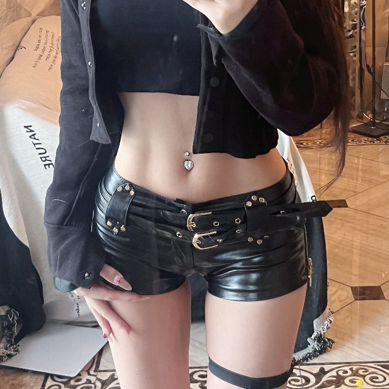 Black Wear Blogger Maillard Spice Girls Vintage Nightclub Low Waist Hip Leather Super Shorts Boots Women's Summer Hot Pants