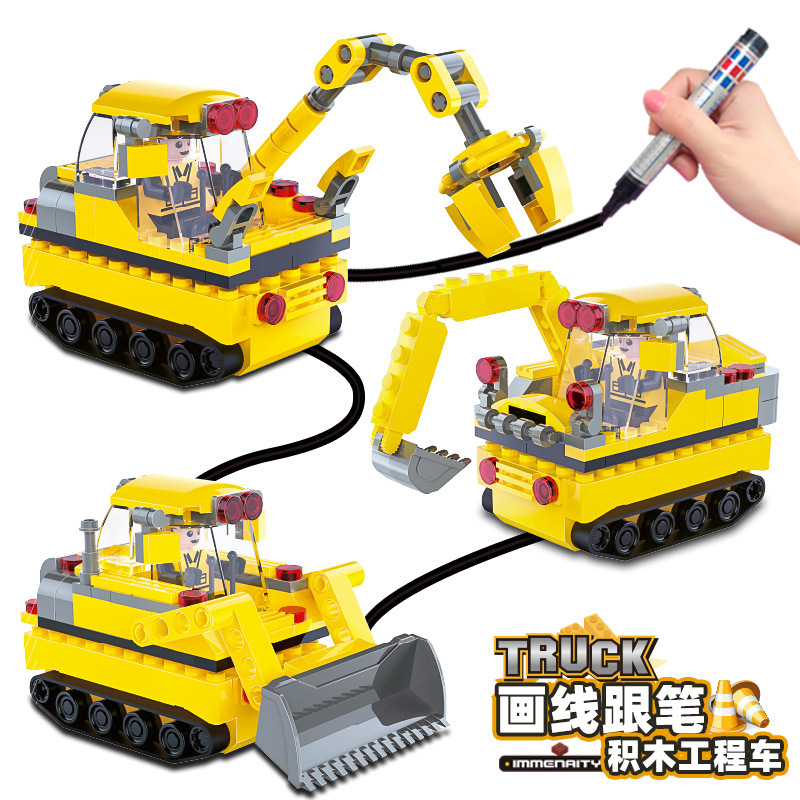 Cross-border new exotic induction drawing line and pen car DIY induction building blocks assembling engineering vehicle mining dirt car toy