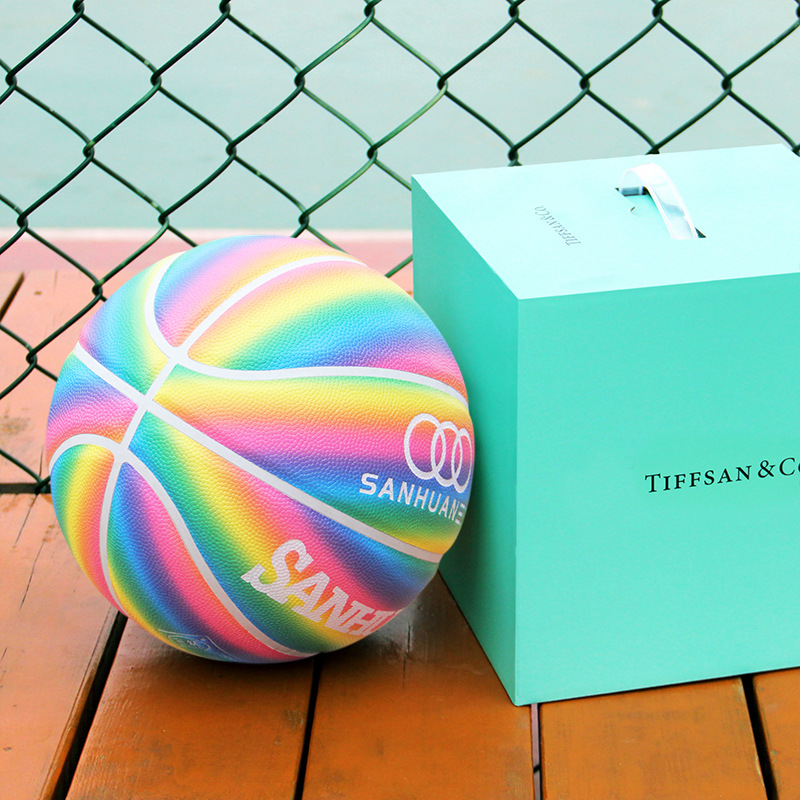 Picture of Sanhuan Sports Rainbow Basketball No.7 Moisture Absorption PU Indoor and Outdoor Competition Training Gift Set Engraving Blue Ball Wholesale